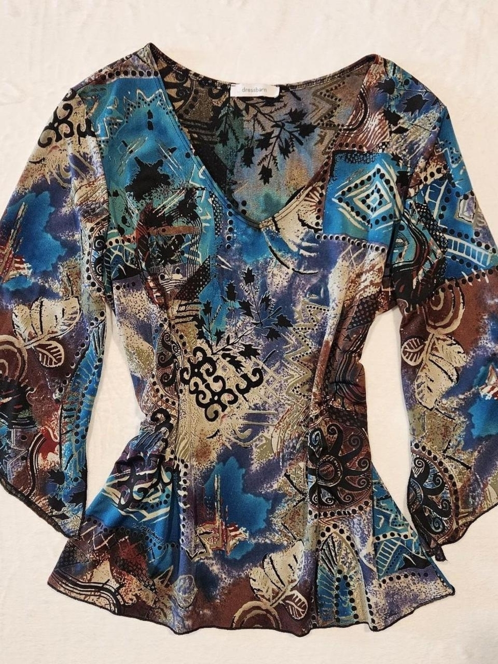 Dressbarn Teal Blue and Brown Whimay Fairy V-Neck Top With Bell Fairy Sleeve M